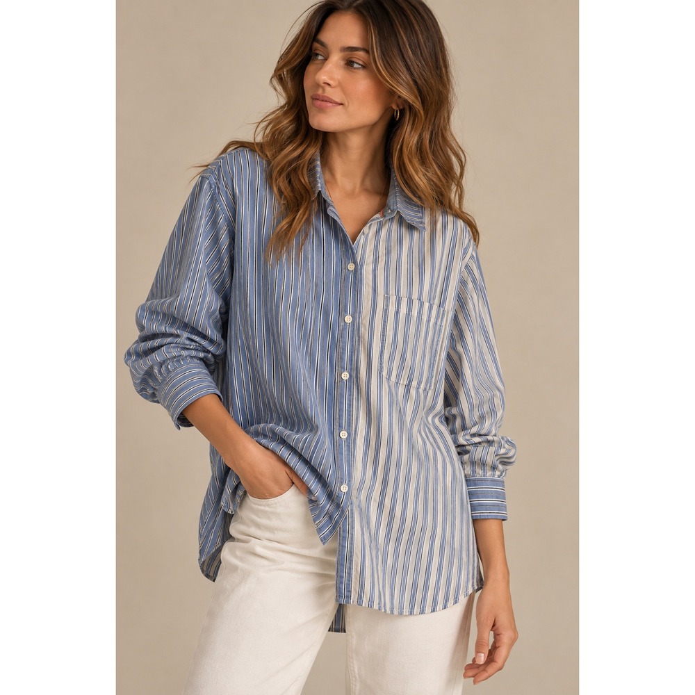 St John's Bay Womens 0X Blue White Striped Cotton Button Down Shirt Long Sleeve